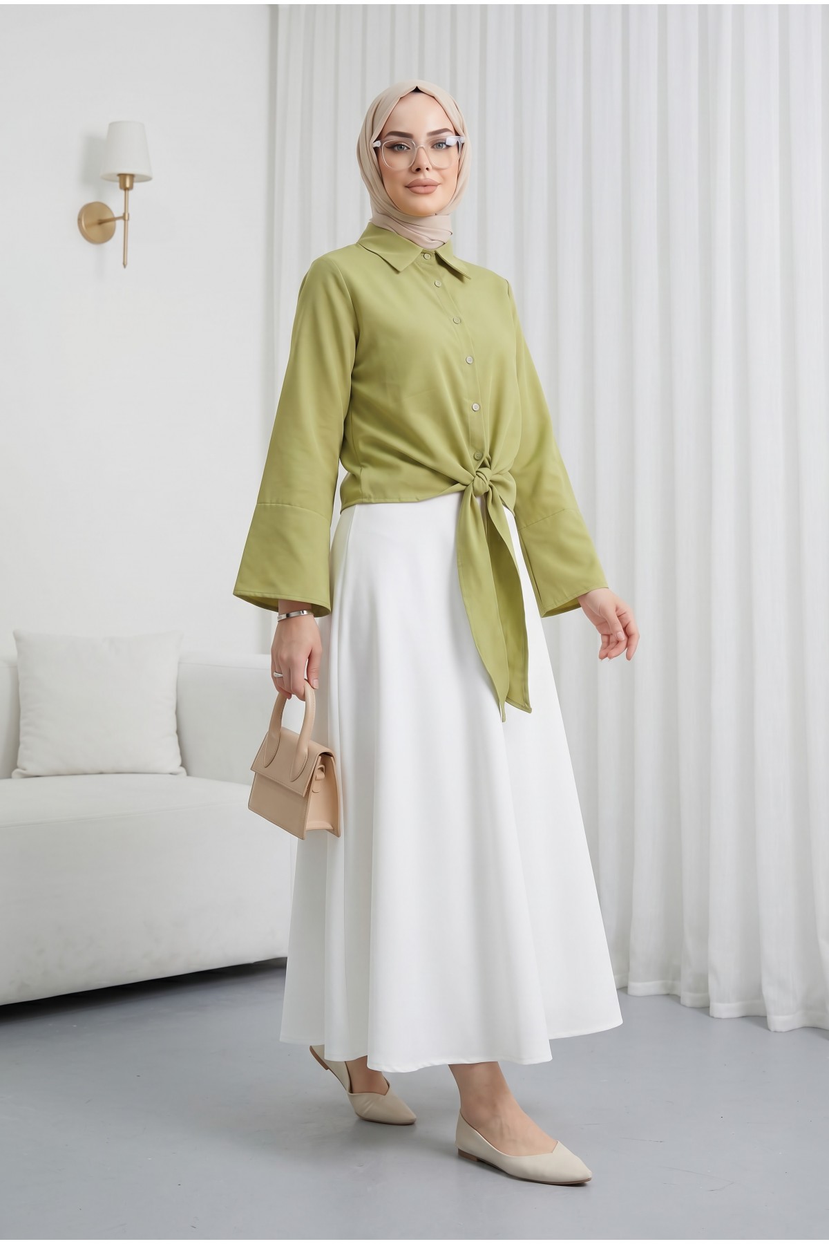 Belted Waist Spanish Sleeve Poplin Shirt Blouse   -Oil Green