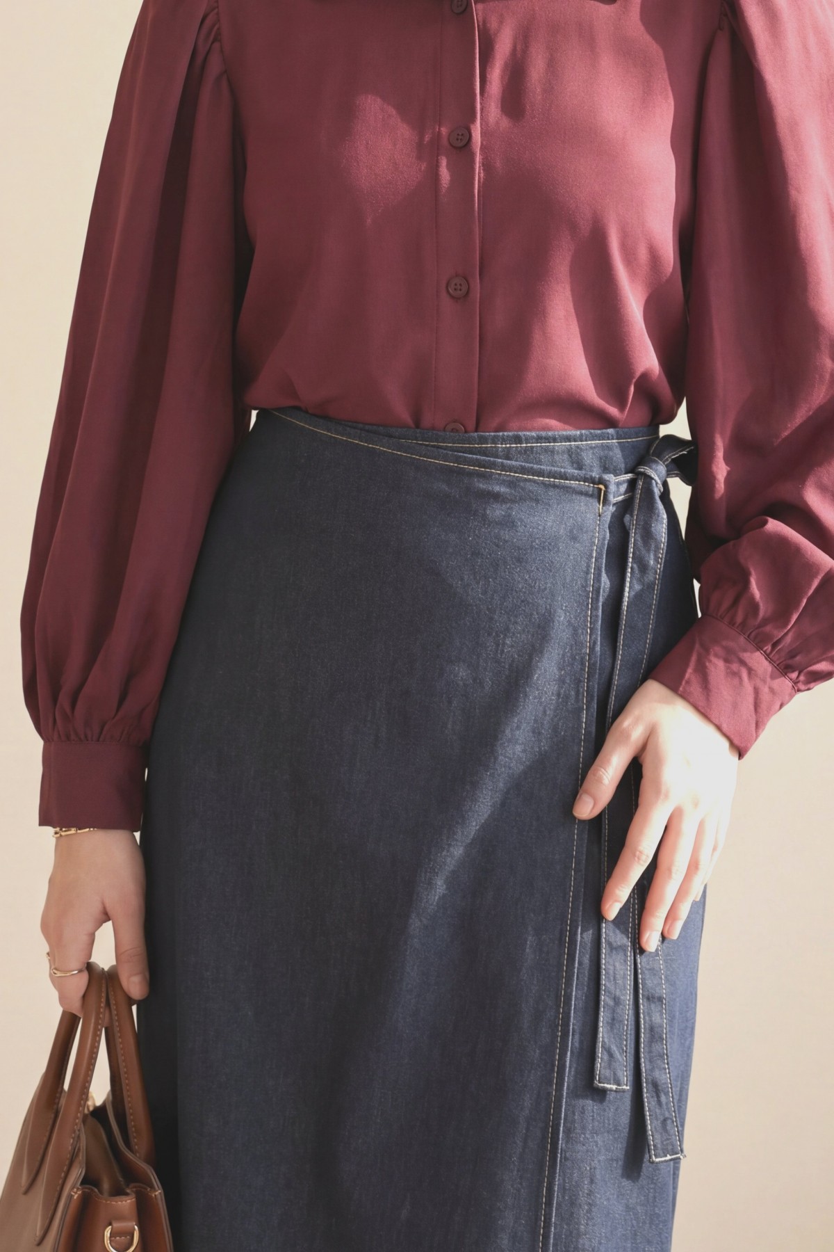 Front Double Layer Denim Skirt with Side Laces and Zipper -dark lacquer