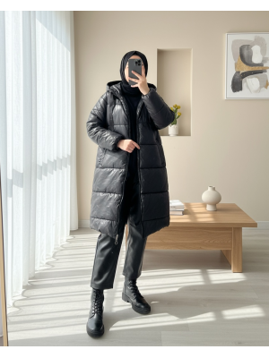 Kapşonlu Bağcık Detaylı Fermuarlı Şişme Mont -Siyah