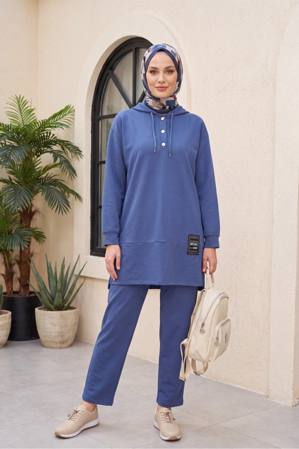Double Combed Cotton Suit with Snap Fastener Crest Detail -İndigo