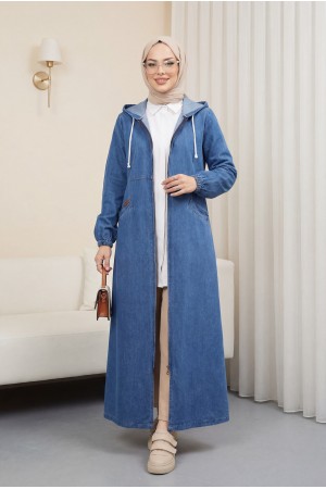 Yan Cepli Kolu Lastikli Kapşonlu Kot Kap -İndigo