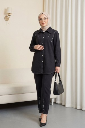 Paçası Yırtmaçlı Taş Detaylı İkili Kot Takım  -Siyah