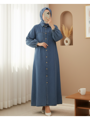 Boydan Düğmeli Kolu Lastikli Cepli Kot Elbise   -Buz Mavi