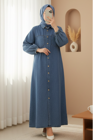 فستان جينز بأكمام مرنة وأزرار وجيوب  -جليدي