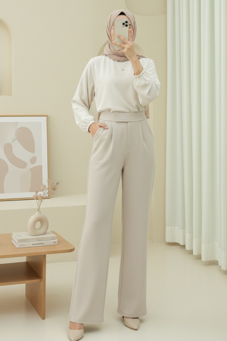 Beli Cırtcırt Detay Boru Paça Kumaş Pantalon  -Bej