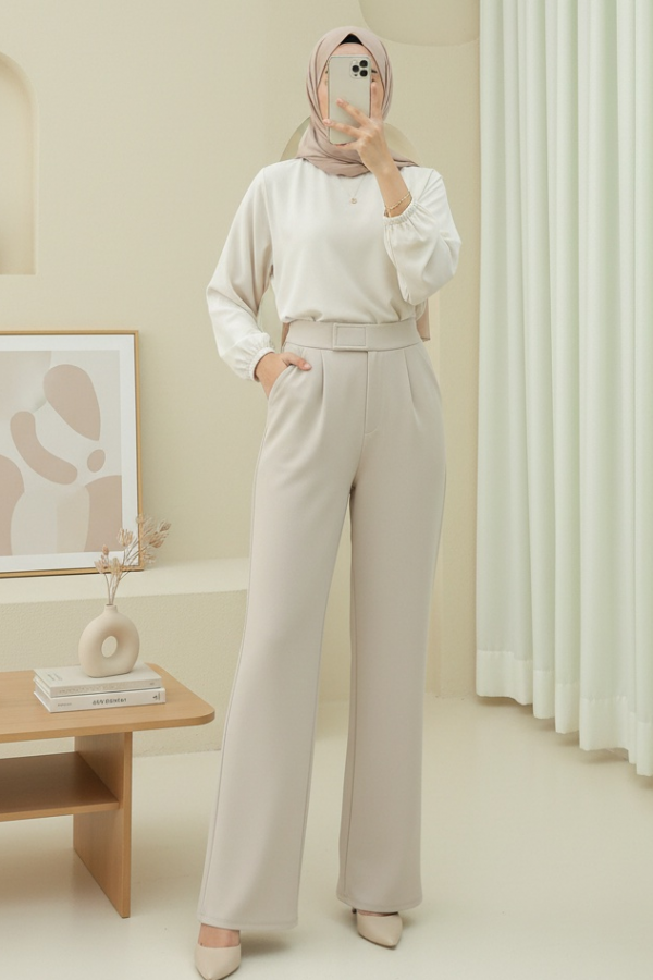 Tube Leg Fabric Trousers with Velcro Waist Detail  - Beige