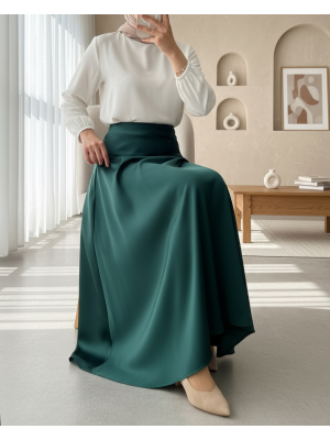 Elastic Waist Satin Skirt -Emerald