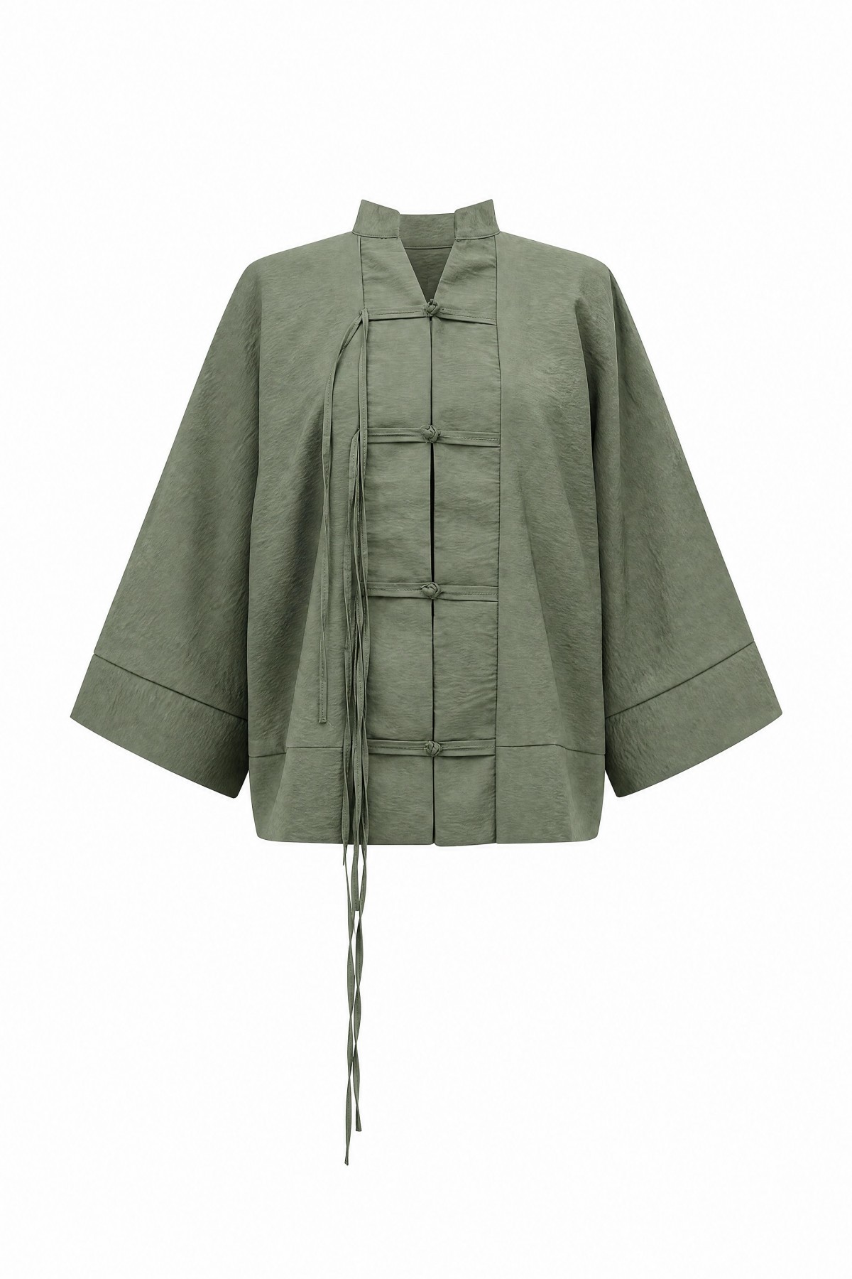Chinese Knot Closure Mandarin Collar Parachute Kimono -Khaki