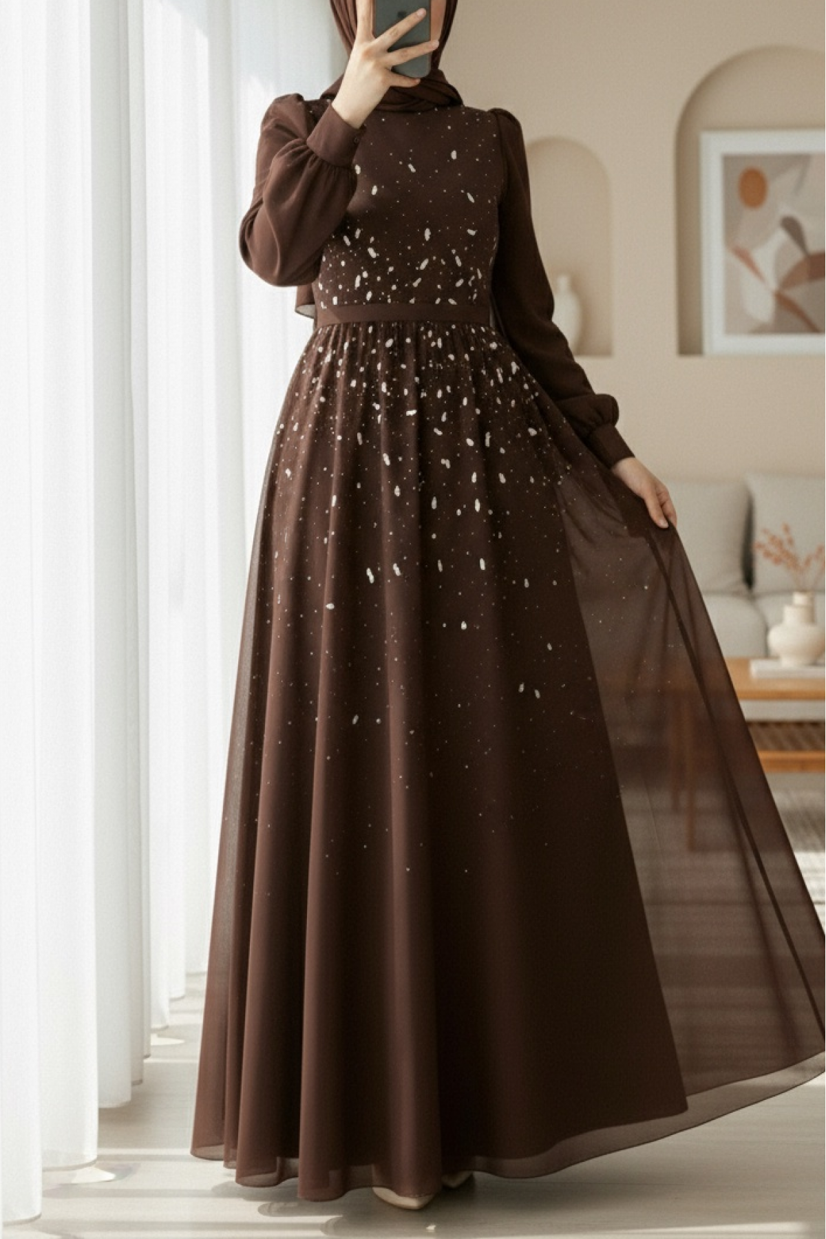Tulle Evening Dress with Stone Detail on the Front and Lining -Brown