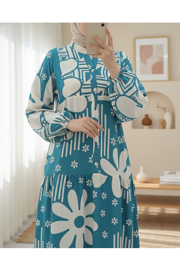Half Buttoned Floral Cotton Polyviscose Dress-Mint Color