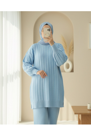 Fitilli Yırtmaçlı Yumoş Triko Tunik -Açık Mavi