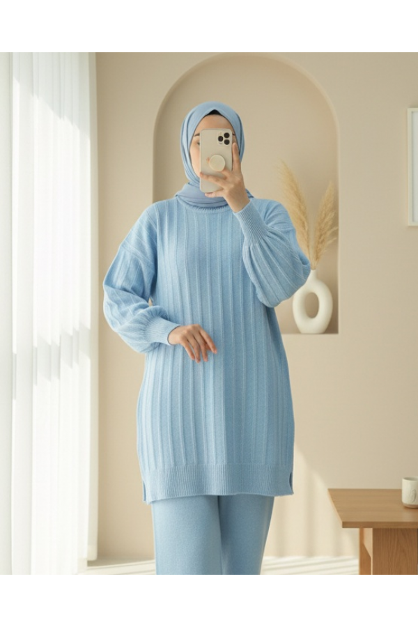 Fitilli Yırtmaçlı Yumoş Triko Tunik -Açık Mavi