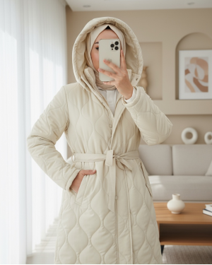 Tunnel Lace-Up Quilted Coat with Snap Pockets -Cream color