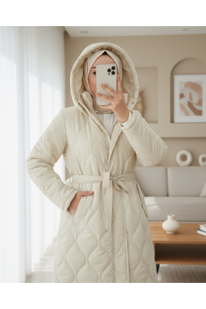 Tunnel Lace-Up Quilted Coat with Snap Pockets -Cream color