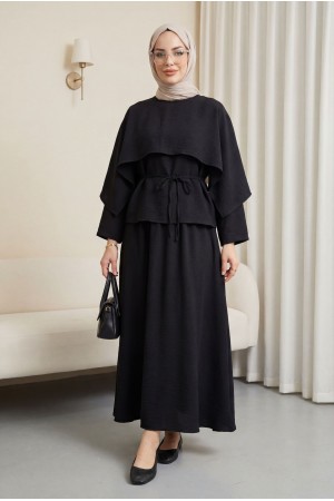 Cape Detail, Belted Skirt Cupra Suit -Black
