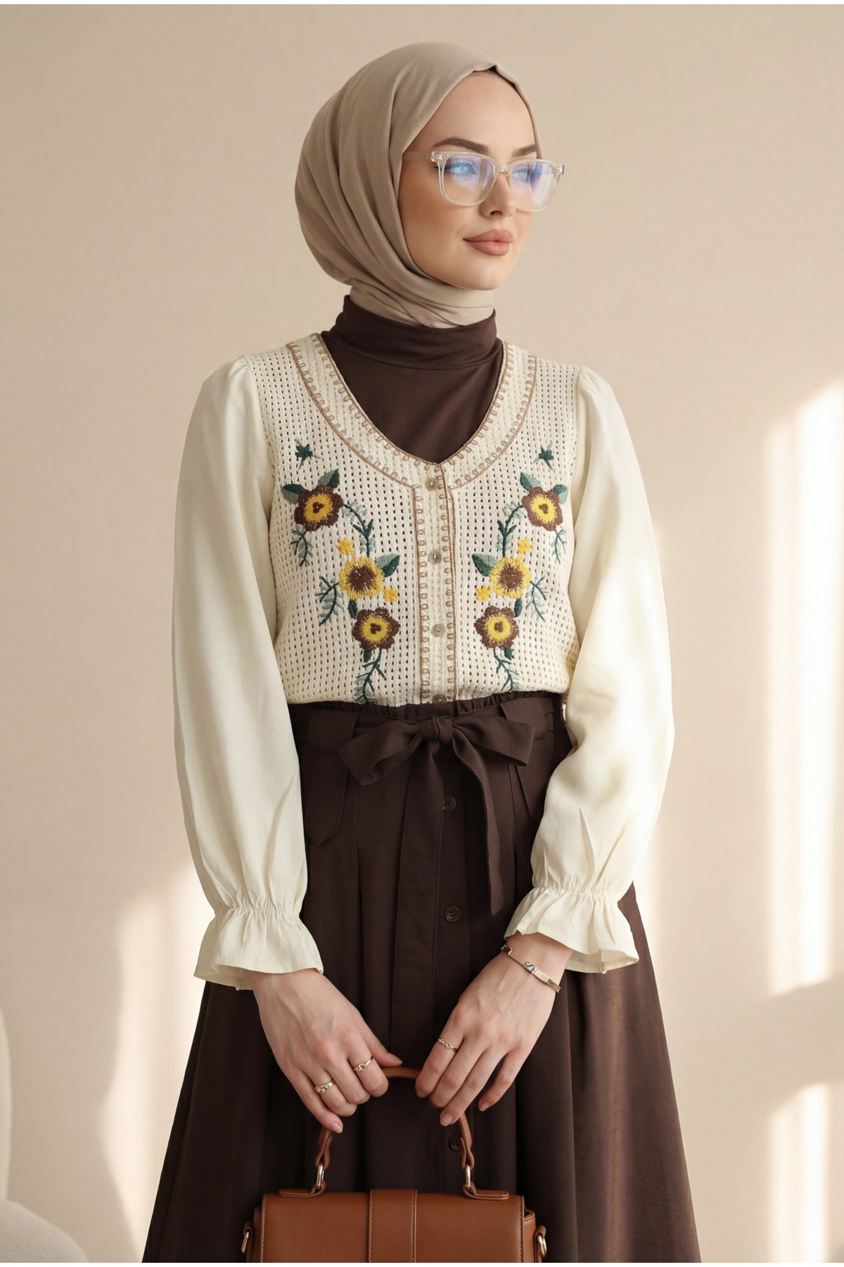 Bohemian Blouse with Floral Embroidery and Knit Detail, Buttoned - Beige