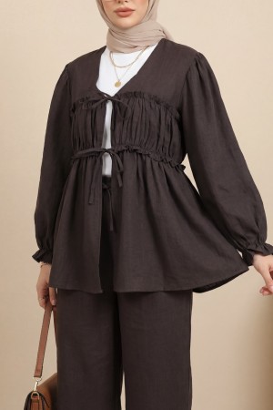 Önü Bağcıklı Büzgülü Kolu Lastikli Modal Takım  -K. Kahve