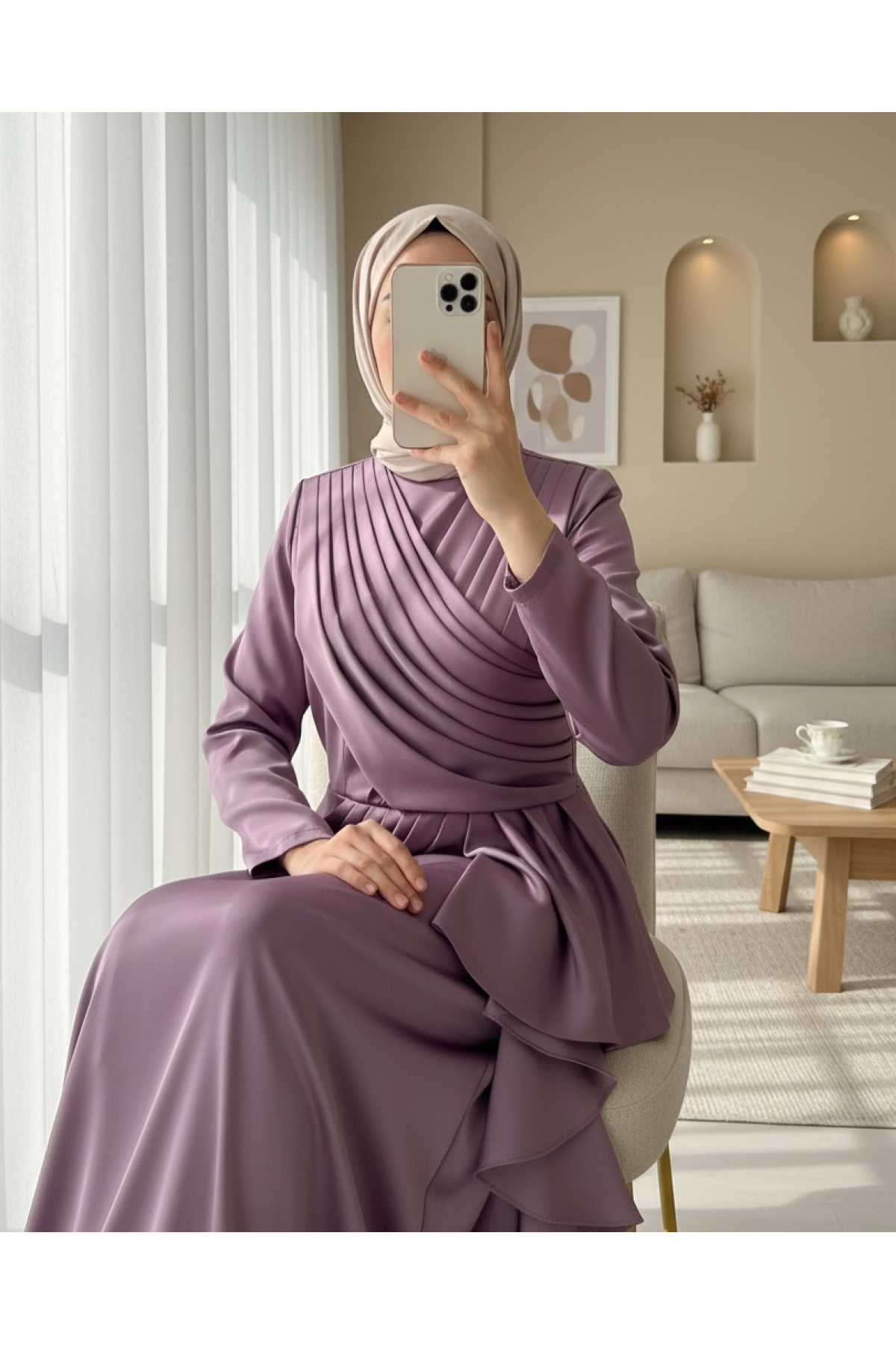 Frilly Skirt and Draped Front Satin Evening Dress -Lilac