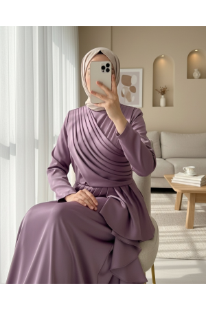 Eteği Fırfırlı Önü Drapeli Saten Abiye -Lila