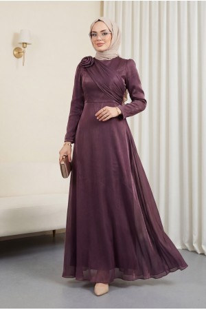 فستان سهرة شيفون مع تفاصيل وردة على الكتف  -لون الكرز