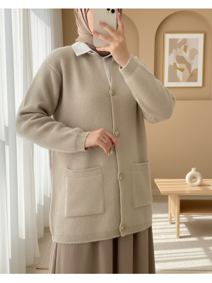 Önü Düğmeli Çift Cepli Yumoş Triko Hırka -Taş