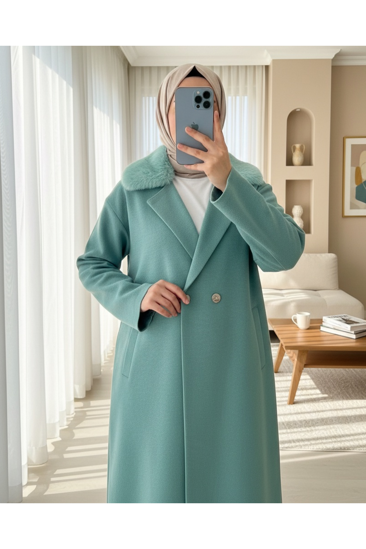 Yakası Kürklü Çift Düğmeli Uzun Triko Hırka -Mint