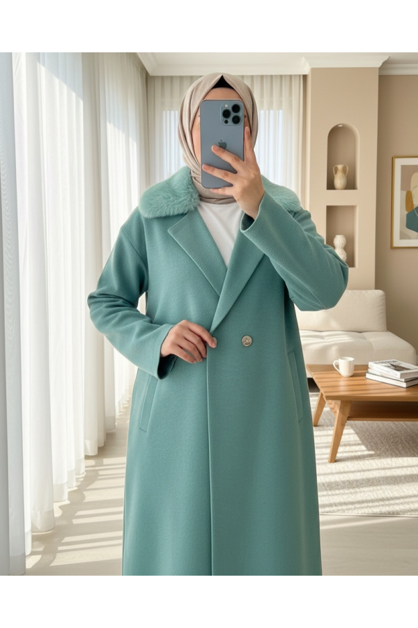 Fur Collar Double Buttoned Long Knitted Cardigan -Mint Color