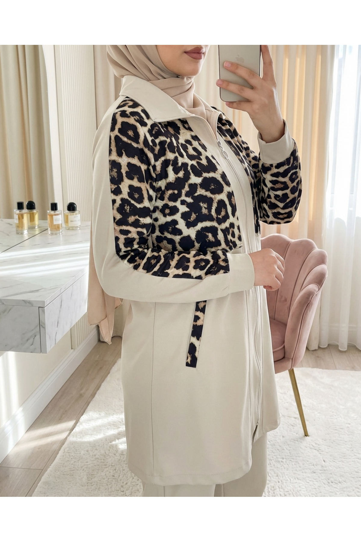 Shirt Collar Zippered Trouser Suit  - Beige