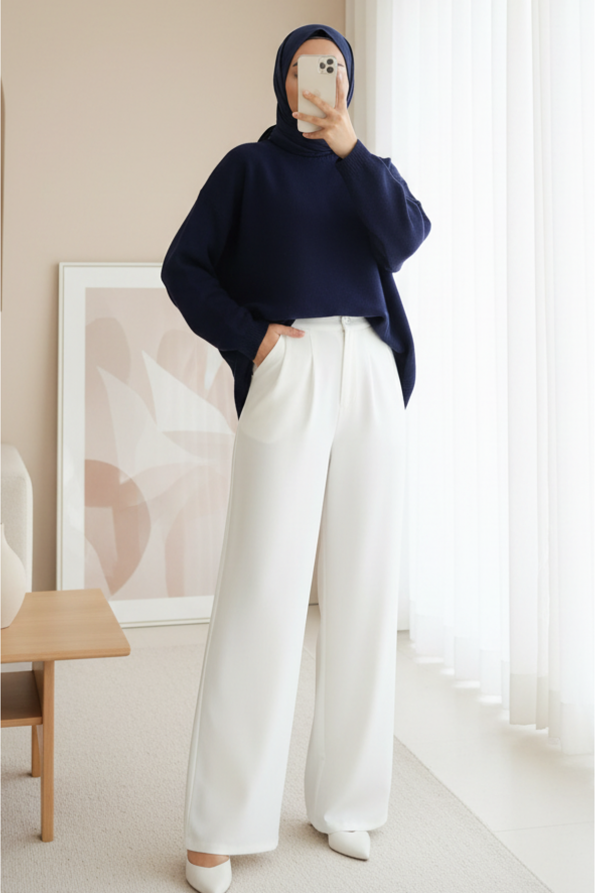Round  Neck Loose Knit Sweater -Navy blue