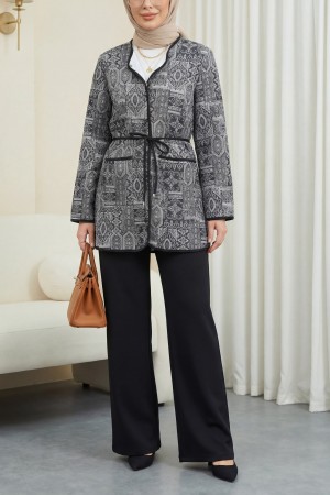 Beli Bağlamalı Çift Cepli Desenli Scuba Takım -Siyah