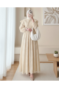 Pelerin Yaka Dantel Detaylı Elbise  -Bej
