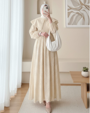 Pelerin Yaka Dantel Detaylı Elbise  -Bej