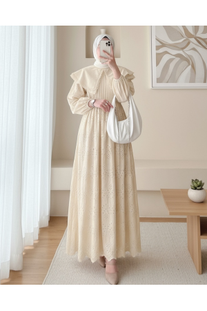 Pelerin Yaka Dantel Detaylı Elbise  -Bej