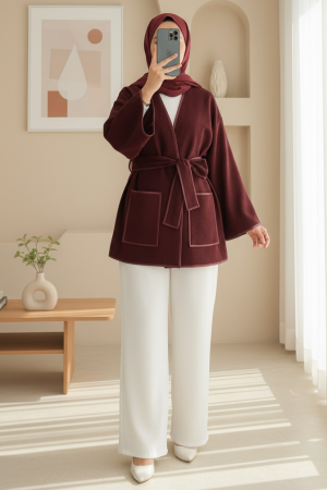 كيمونو من الكشمير بحزام مع تفاصيل حواف وجيوب مزدوجة -بوردو