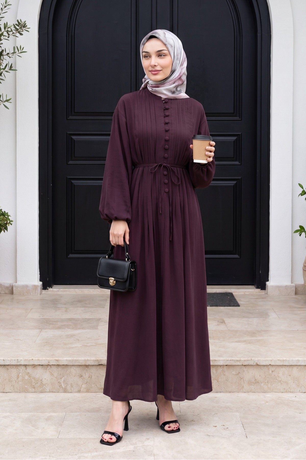 Half-Button Modal Dress with Ribbed Front and Belt -Damson