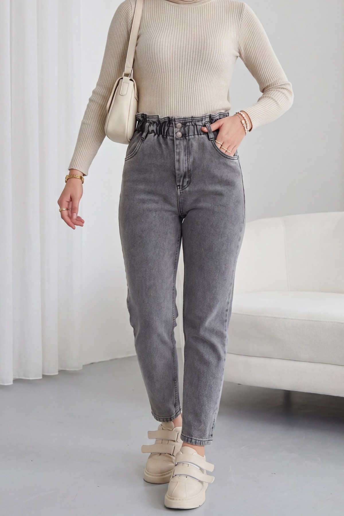 Beli Lastikli Yüksek Bel Kot Pantolon   -Gri