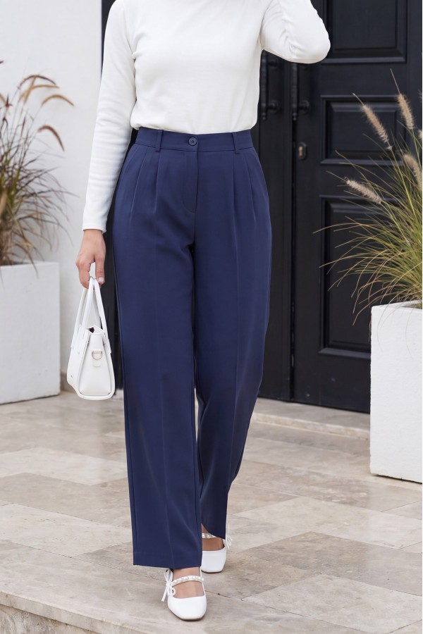 Single Button Front Fold Detail Pocket Trousers -Navy blue