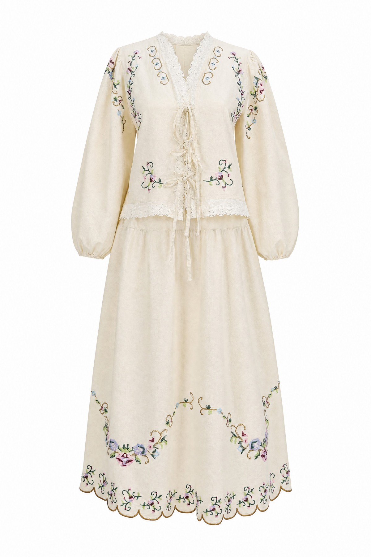 Embroidered Linen Kimono Set with Frilled Skirt and Elasticated Sleeves - Beige