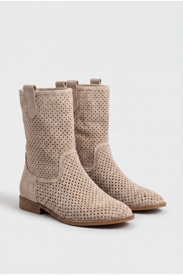 Hojda Beige Laser Cut Suede Heeled Boots