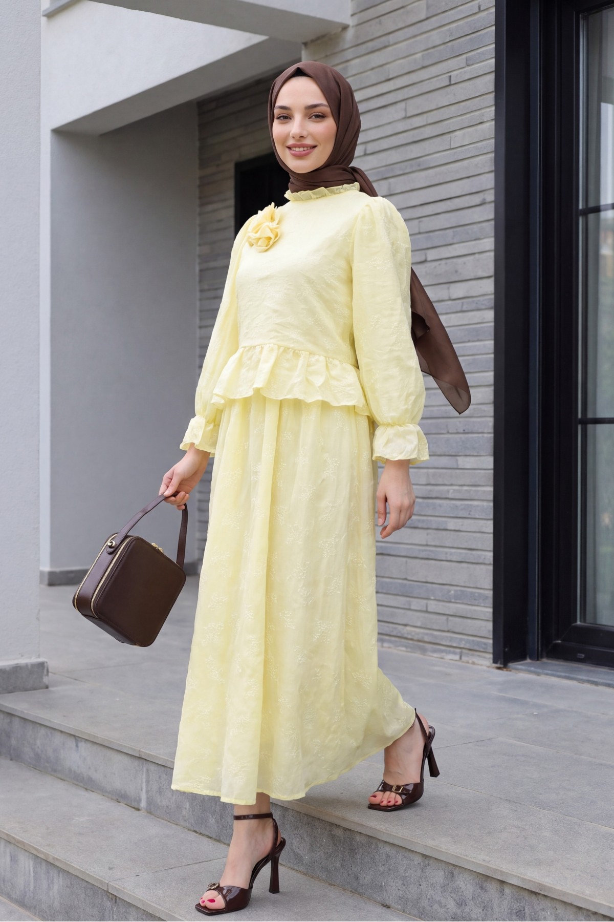 Rose Brooch Embellished, Elasticated Sleeve, Patterned, Lined, Voile Skirt Set  -Yellow
