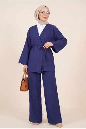 Front Tie Trouser Kimono Set -Navy blue