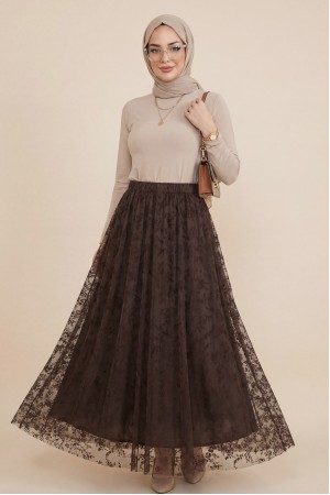 Beli Lastikli Flog Baskılı Astarlı Tül Etek -K. Kahve