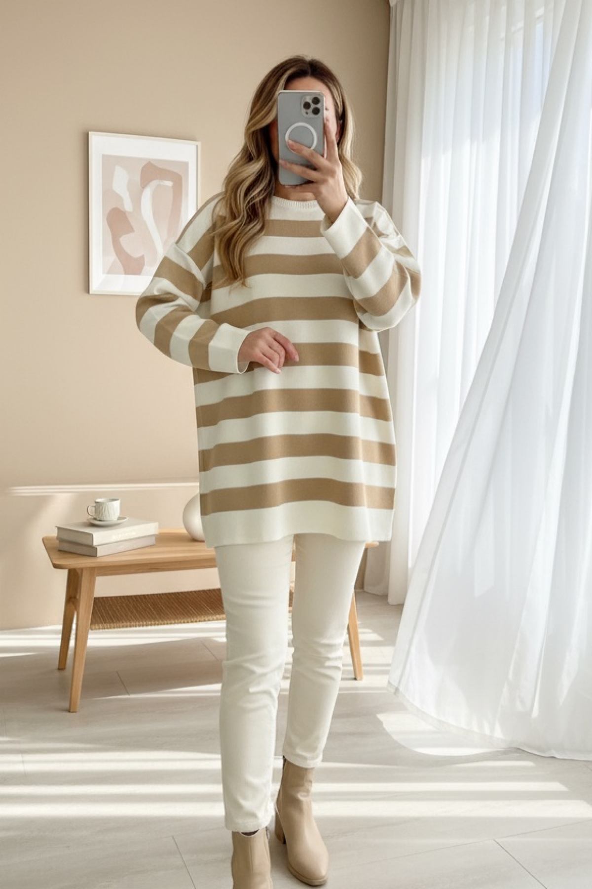 Crew Neck Side Striped Knitwear Tunic -Mink color