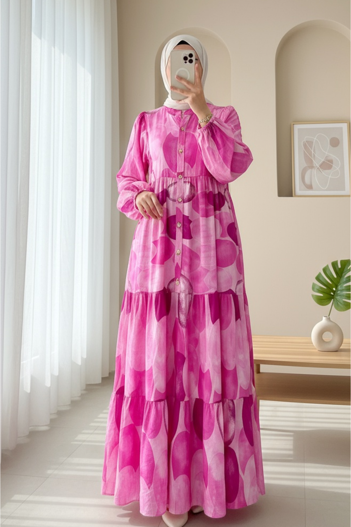 Circle Pattern Half Buttoned Elastic Sleeve Dress -Fuchsia