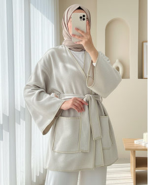 Belted Cashmere Kimono with Piping Detail and Double Pockets - Beige