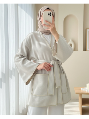 Biye Detaylı Çift Cepli Kuşaklı Kaşe Kimono -Bej