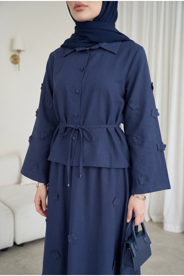 Two-piece Modal Shirt and Skirt Set with Floral Sleeves and Hem and Drawstring Waist. -Navy blue