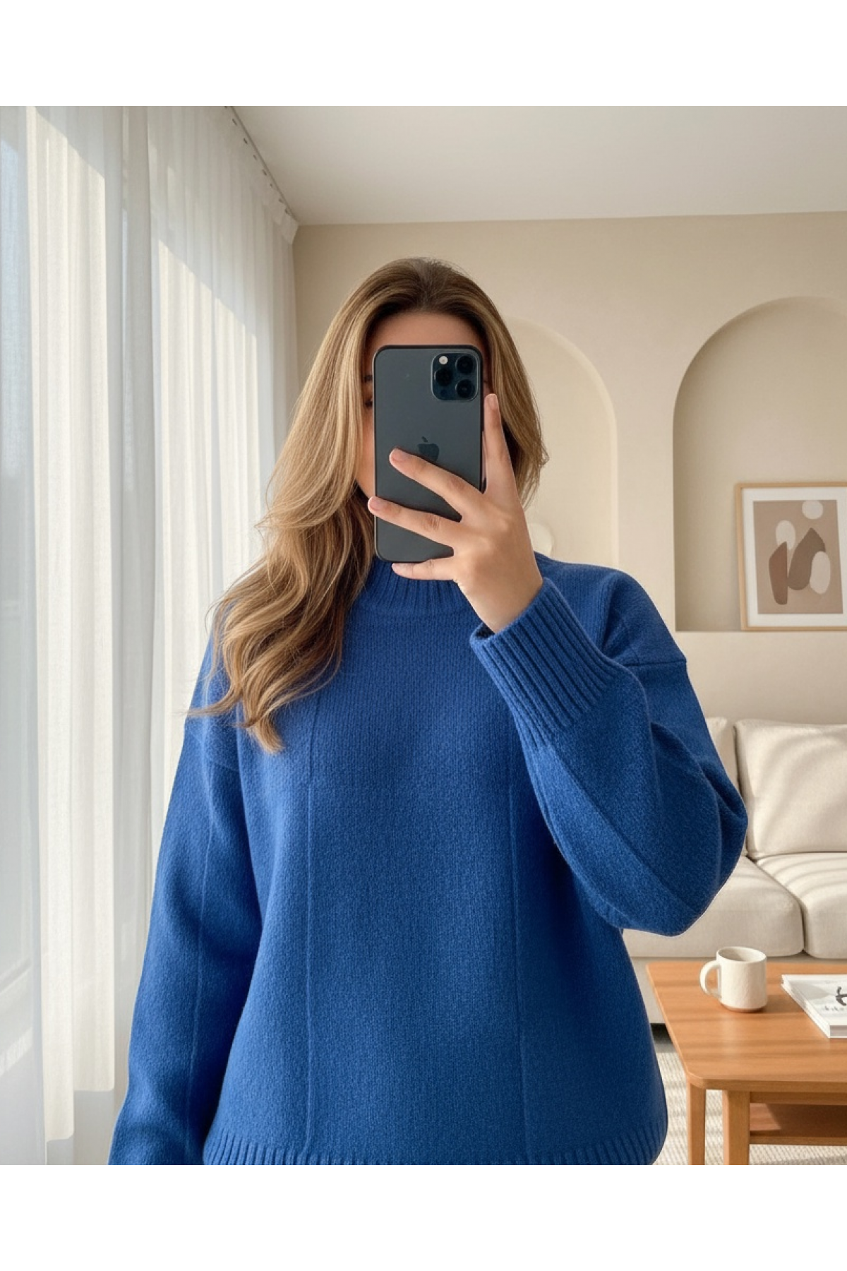 Square Patterned Round Neck Soft Sweater -Saxe 