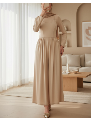 7029 Bol Paça Askılı Tulum - Bej