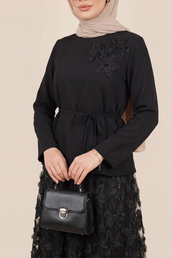 Organza Tulle Floral Imported Crepe Set with Belt -Black